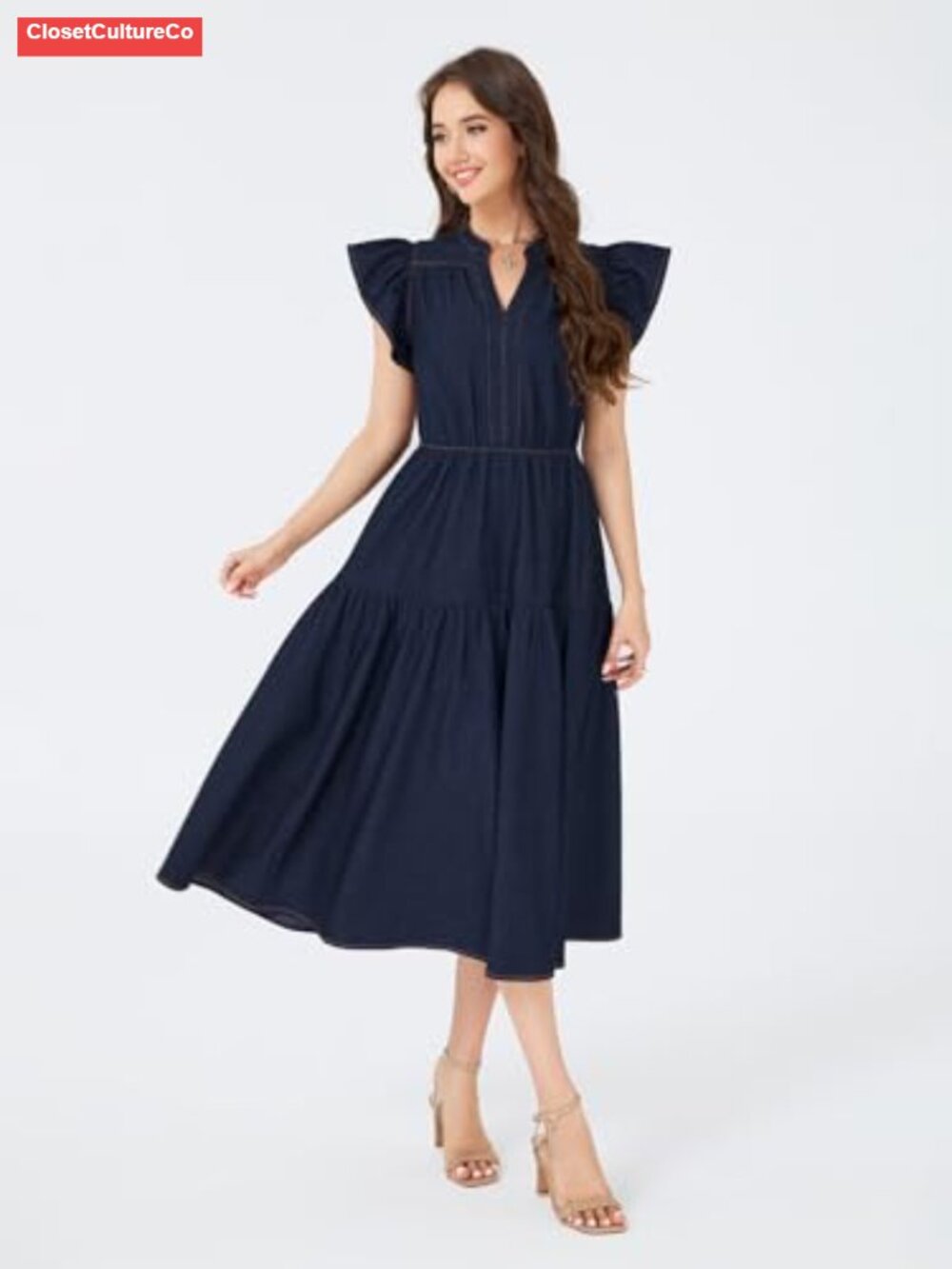 Womens Summer Denim Chambray Maxi Dress Ruffle Sleeve V Neck Tiered Flowy - Picture 3 of 5